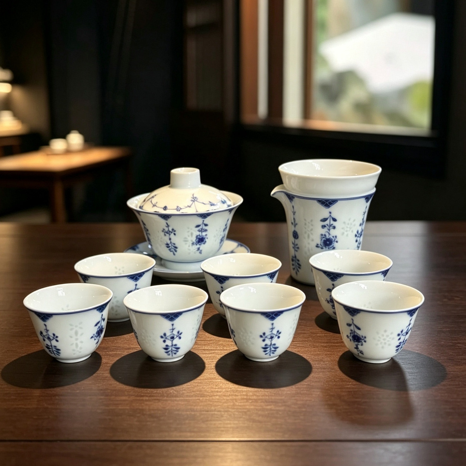景德镇青花玲珑瓷茶具高温瓷盖碗套装家用高档礼盒装送礼功夫茶具