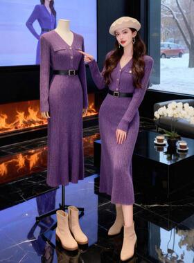 御姐风独特超好看紫色V领收腰修身包臀裙时尚气质针织连衣裙26冬