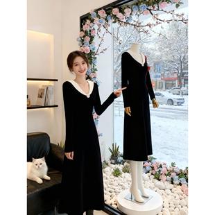 法式赫本风黑色长袖针织连衣裙子女秋冬季高级感收腰气质A字长裙