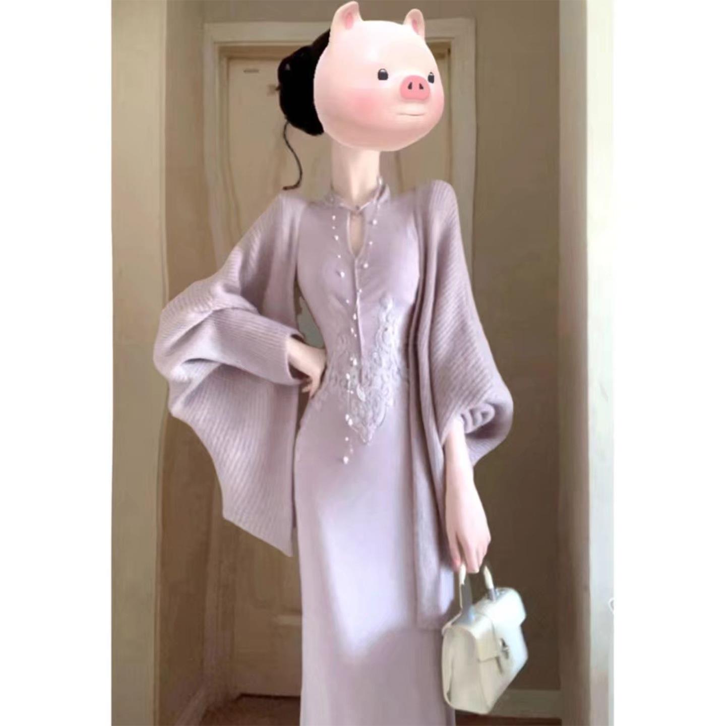 新中式复古紫色改良旗袍连衣裙大方得体温柔风收腰包臀裙2025秋季