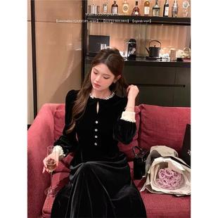 法式赫本风钻领黑色丝绒连衣裙女秋冬气质千金感生日party小礼裙