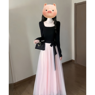 温柔富家千金感穿搭网纱拼接气质连衣裙重要场合漂亮裙子2025冬季