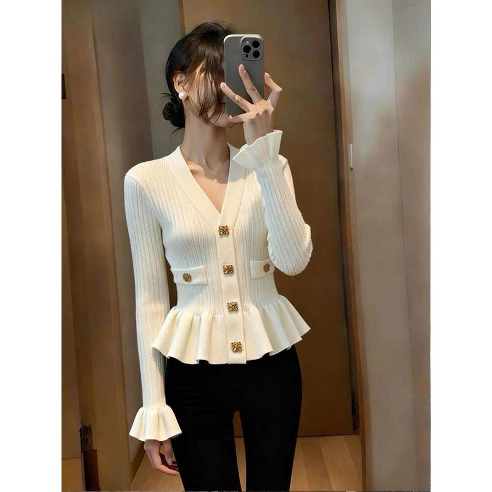 法式镂空V领长袖荷叶边针织上衣