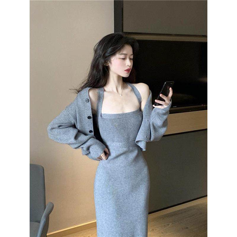 2025秋冬新款复古纯欲修身毛衣针织吊带连衣裙两件套配开衫套装女,女装/女士精品,时尚套装,淘宝优惠券,粉丝福利购,淘宝优惠卷