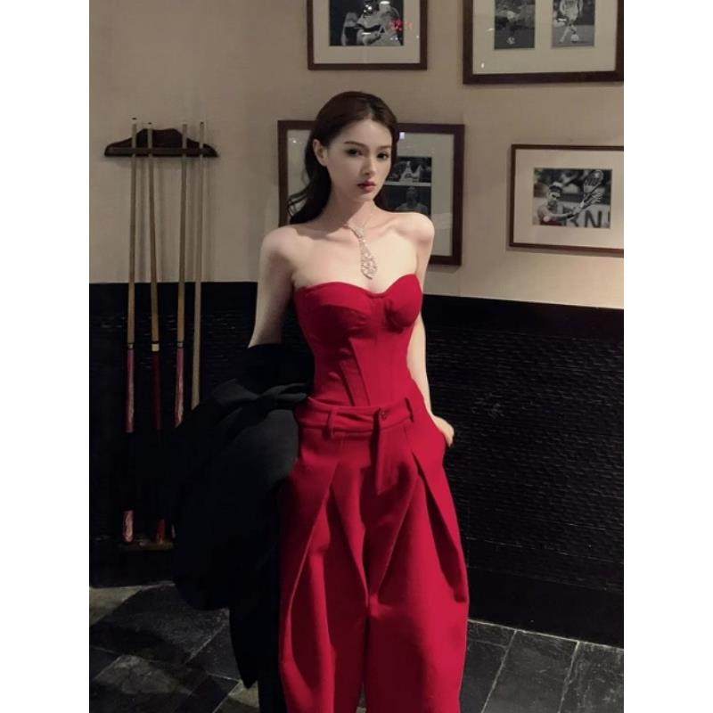 时尚辣妹风红色修身抹胸上衣女秋冬新款休闲别致阔腿长裤两件套装,女装/女士精品,时尚套装,淘宝优惠券,粉丝福利购,淘宝优惠卷