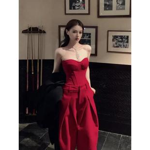 时尚辣妹风红色修身抹胸上衣女秋冬新款休闲别致阔腿长裤两件套装