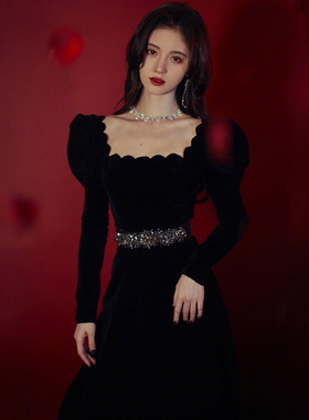 鞠婧祎同款礼服裙女宴会气质钉珠秋冬新款高端长袖黑色丝绒连衣裙
