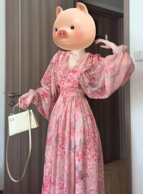 法式独特超好看灯笼袖收腰碎花连衣裙女海边度假风长裙子2026春季