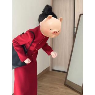 红色新年战袍订婚礼裙两件套装 新中式 老钱风毛呢连衣裙子秋冬女装