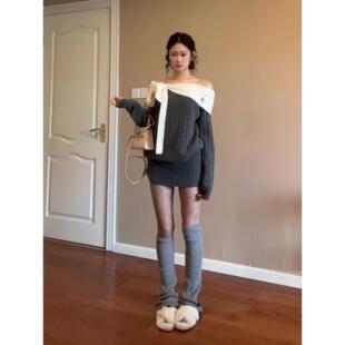 灰色一字肩长袖针织连衣裙女秋冬小个子收腰修身包臀短裙子早秋季