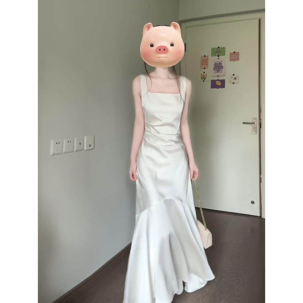 白色缎面吊带礼服女夏季鱼尾订婚宴会学生日毕业连衣裙伴娘服长款