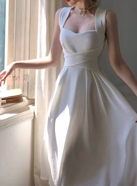 法式小众轻奢白色修身连衣裙小白裙礼服日常伴娘裙收腰气质长裙秋