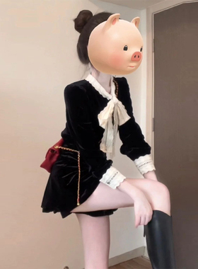 赫曼千金/小香风套装黑色丝绒秋冬2024高级感贵气复古上衣vintage