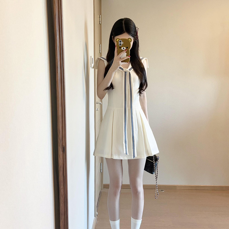 法式学院风海军领无袖背心连衣裙女夏季蝴蝶结绑带设计百褶短裙子