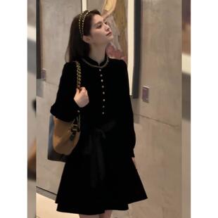 【伯拉德千金】赫本风复古黑色丝绒长袖连衣裙女秋季收腰a字短裙