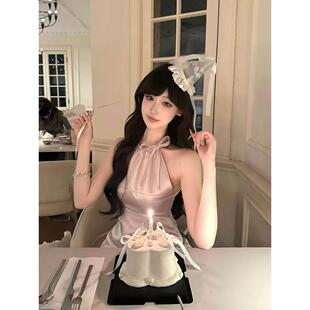 粉色挂脖连衣裙女高级感法式party小礼服名媛千金风公主生日裙子