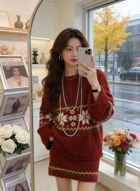 巨好看红色毛衣针织连衣裙子女秋冬季2025新款跨年穿搭一整套韩系