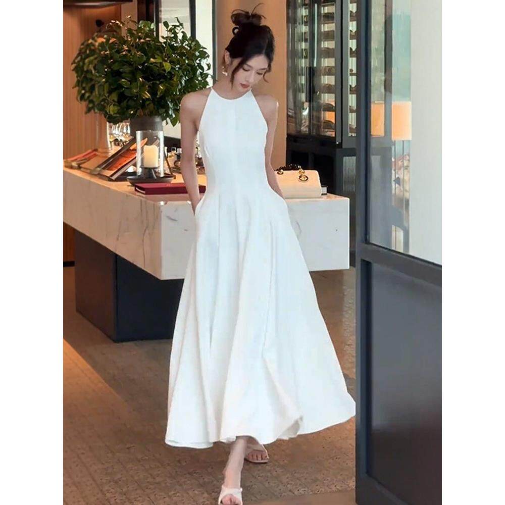 法式高级感白色无袖连衣裙女夏季新款收腰显瘦气质超大摆A字长裙