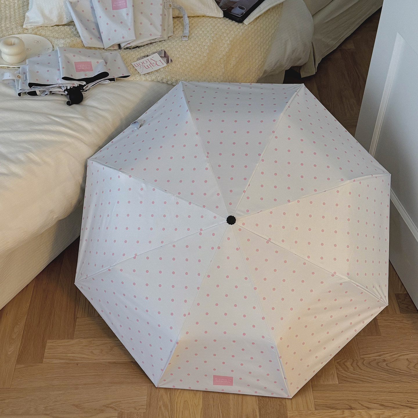 新款白底粉波点简约轻奢遮阳伞雨伞太阳伞学生自动黑胶防晒
