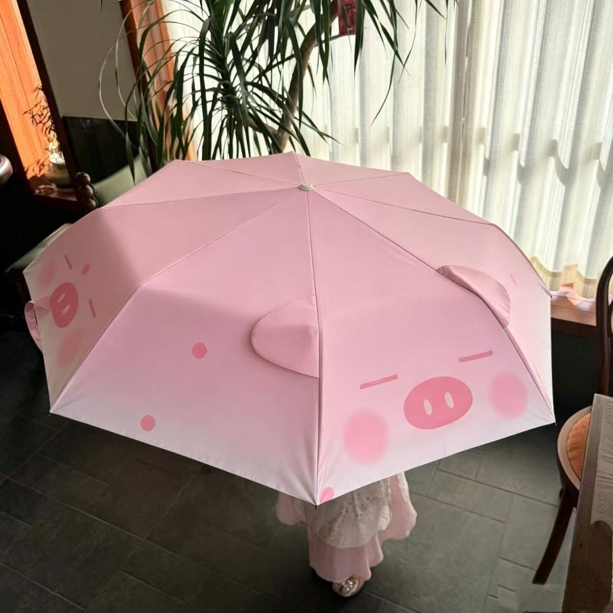 新款抗风加厚粉色渐变小猪遮阳伞雨伞太阳伞学生自动黑胶防晒