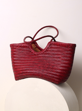 dragon法式小众真皮手工牛皮编织女包手提单肩菜篮子大包夏季包包