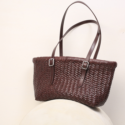 CBF83法式手工牛皮编织包包手提单肩复古菜篮子包托特包真皮女冬