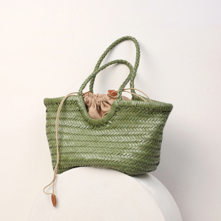 dragon法式 真皮手工编织包包头层牛皮菜篮子单肩手提托特包大容量