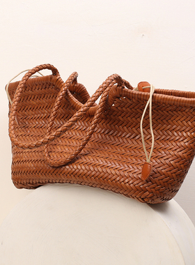 Dragon头层牛皮手工编织包包真皮女包手提菜篮子托特包大包大容量