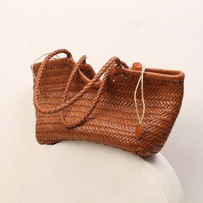 Dragon头层牛皮手工编织包包真皮女包手提菜篮子托特包大包大容量