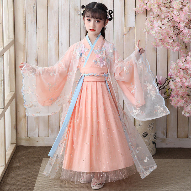 汉服女童春秋儿童古装超仙襦裙连衣裙12岁女孩樱花公主中国风冬