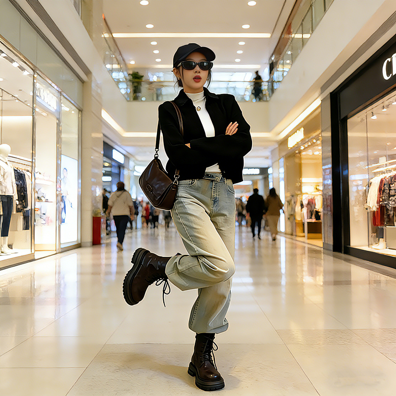 真皮英伦风女款马丁靴厚底秋冬季小个子短靴复古加绒系带防滑靴子