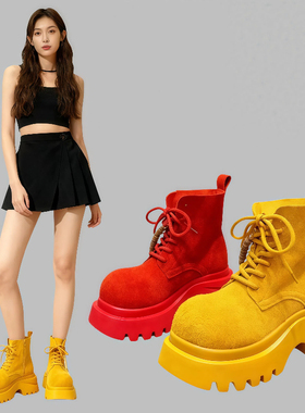 厚底英伦红色马丁靴2025新款黄色增高真皮冬季小个子女款靴子