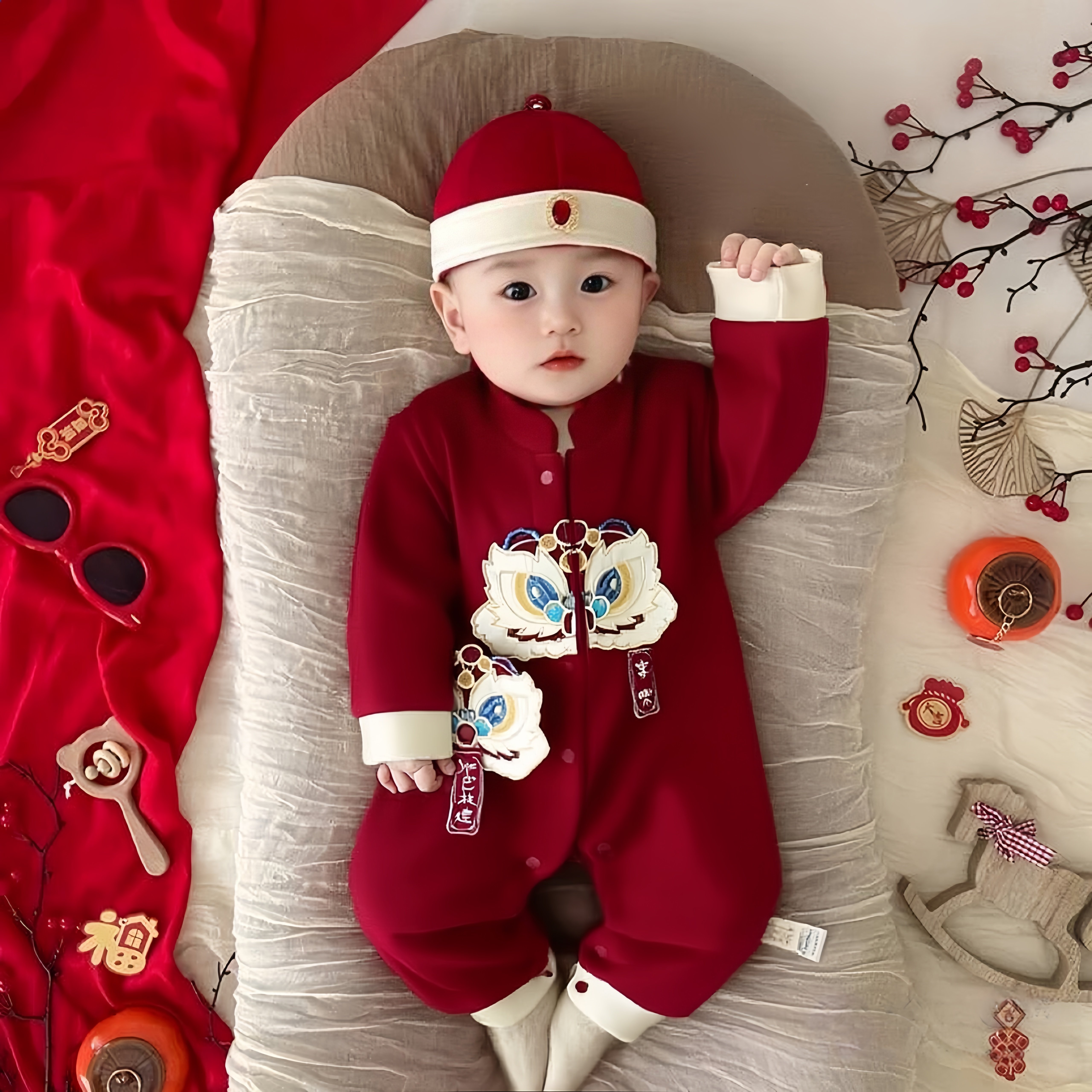 婴儿早秋百日宴衣服a类小月龄男宝宝冬季满月红色连体衣喜庆礼服