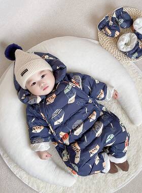 新生婴儿羽绒服连体衣冬季0-6个月男女宝宝加厚保暖冬装外出抱衣3