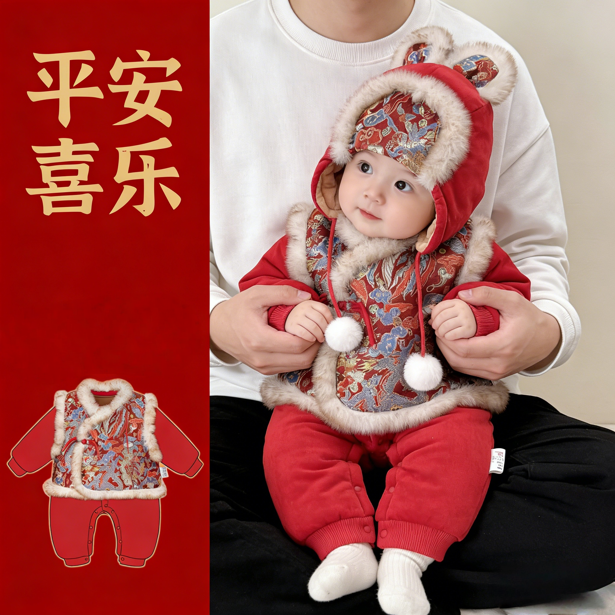 过年拜年服婴儿红色衣服冬季男女宝宝连体衣加厚喜庆年服外出冬装