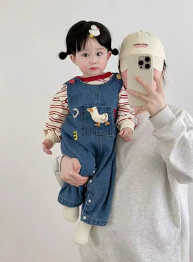 婴儿连体春秋男女宝宝无袖裤子背心式男儿童牛仔背带裤哈衣连体裤