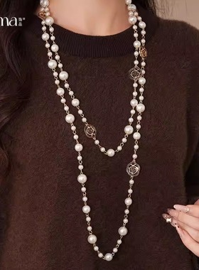 欧美复古风双层叠戴花朵珍珠项链配饰女气质毛衣链轻奢高级感项饰