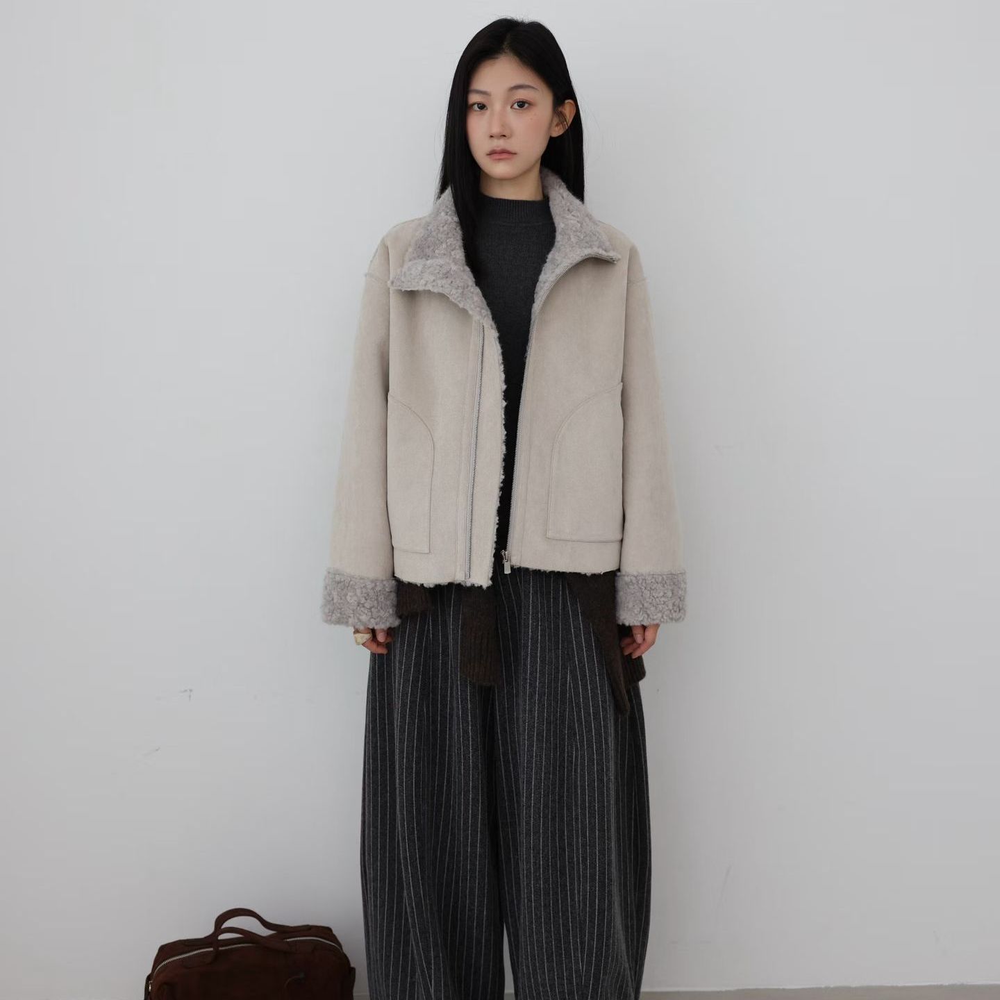 复古翻领皮毛一体外套女