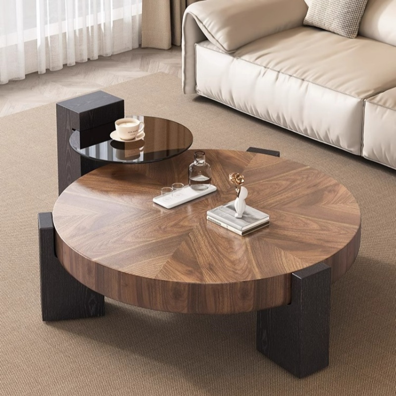 2024意式极简圆形茶几客厅家用轻奢高级感中古风胡桃木茶几组合