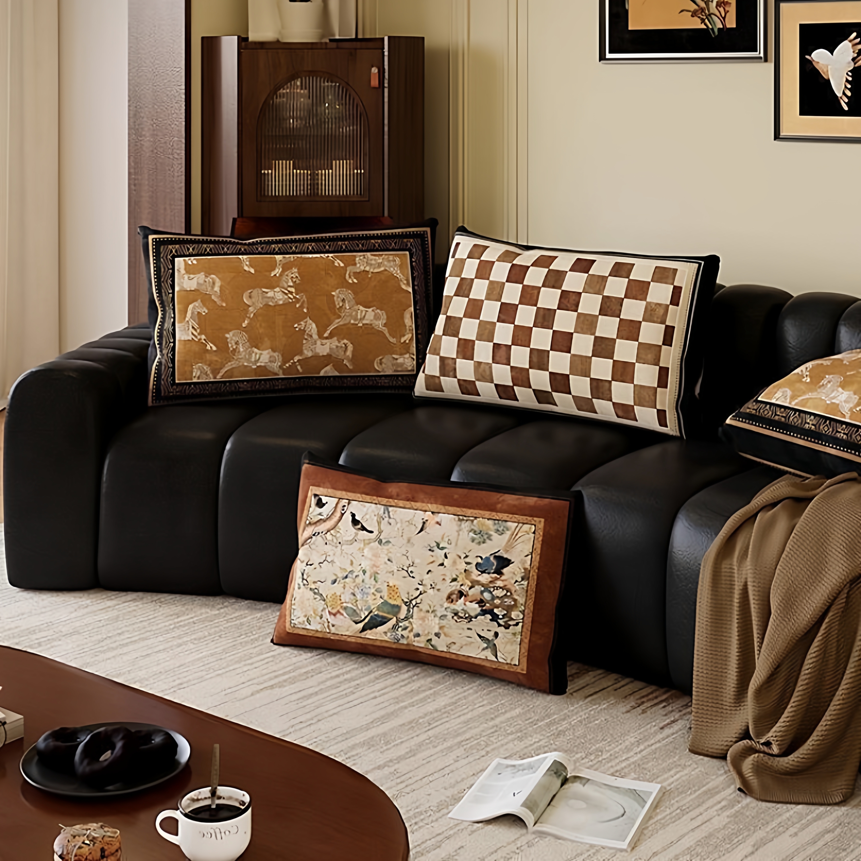 中古风抱枕长条枕沙发客厅中式复古花鸟靠枕枕套不含芯可拆洗靠垫