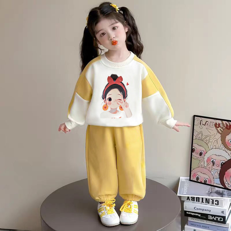 秋季2025新款女卡通小女孩印花休闲宽松圆领长袖儿童卫衣运动套装