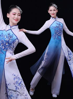 古典舞演出服女飘逸扇子青花瓷舞蹈服装中国风古典伞舞表演服装女
