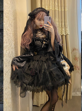 2022逗酱原创Lolita哥特玫瑰花的囚笼cla优雅浮雕网纱蕾丝吊带裙