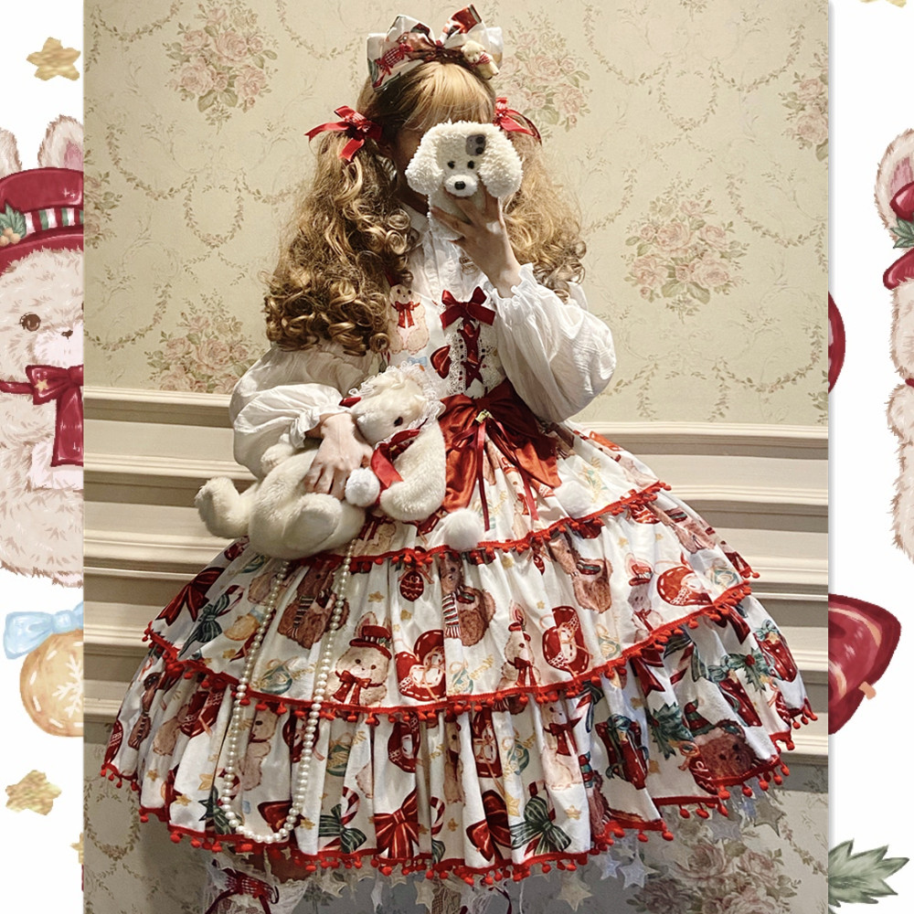 逗酱原创Lolita圣诞小可爱套装迎新春红显白三段式绒面jsk连衣裙