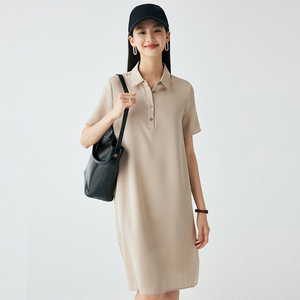 帕罗23姆米桑蚕丝春夏新款POLO裙翻领直筒纯色通勤中长款连衣裙