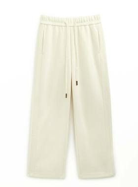 PALUOPO/帕罗极简高腰抽绳宽松直筒休闲裤奶茶百搭松紧腰带长裤