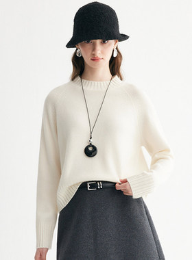 PALUOPO/帕罗慵懒风圆领羊绒衫女秋冬宽松百搭针织衫温柔极简毛衣