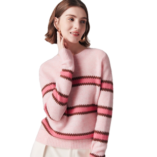 帕罗慵懒风100纯羊绒秋冬季圆领条纹提花毛衣休闲针织羊绒衫女
