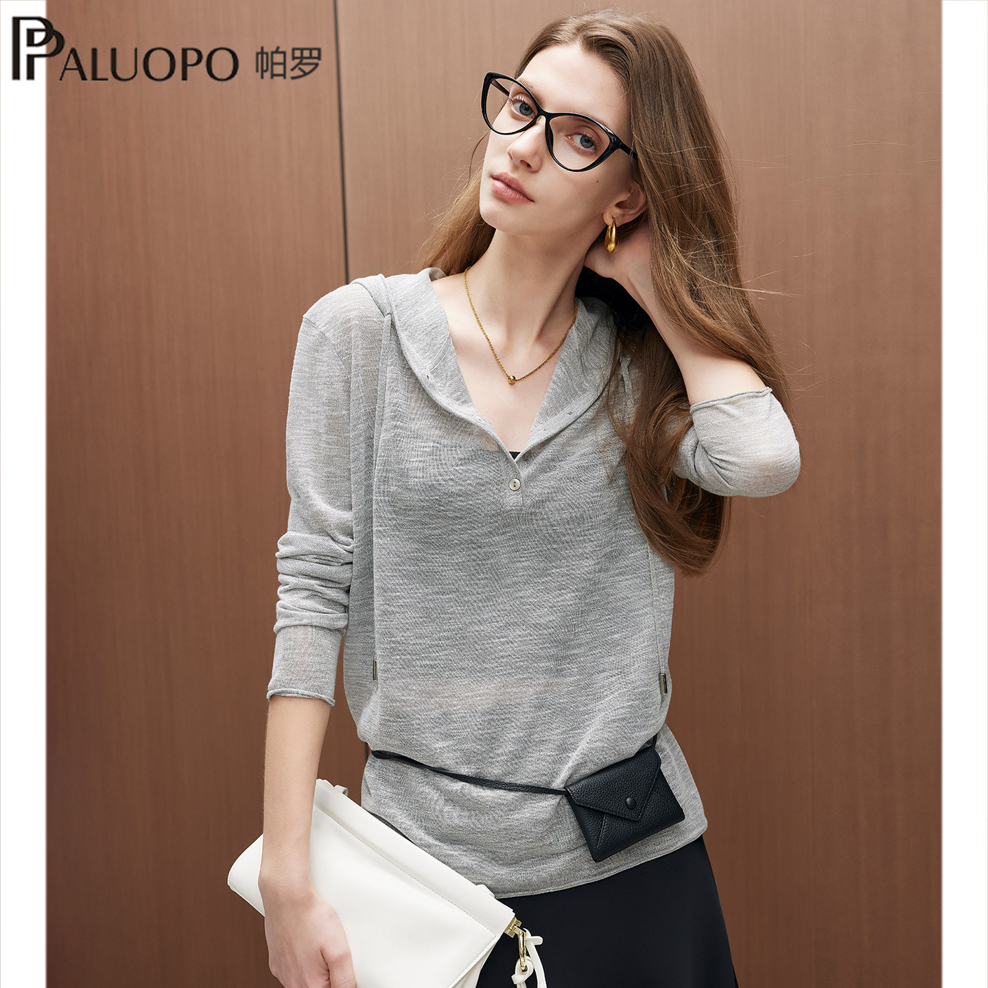 PALUOPO/帕罗26夏季温柔慵懒风连帽针织衫女卫衣修身显瘦亚麻上衣