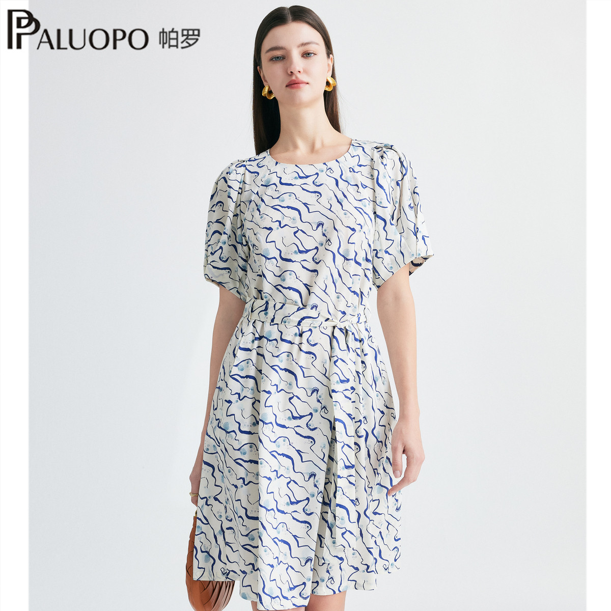 PALUOPO/帕罗26春夏新款法式印花真丝连衣裙女短袖收腰显瘦中长款